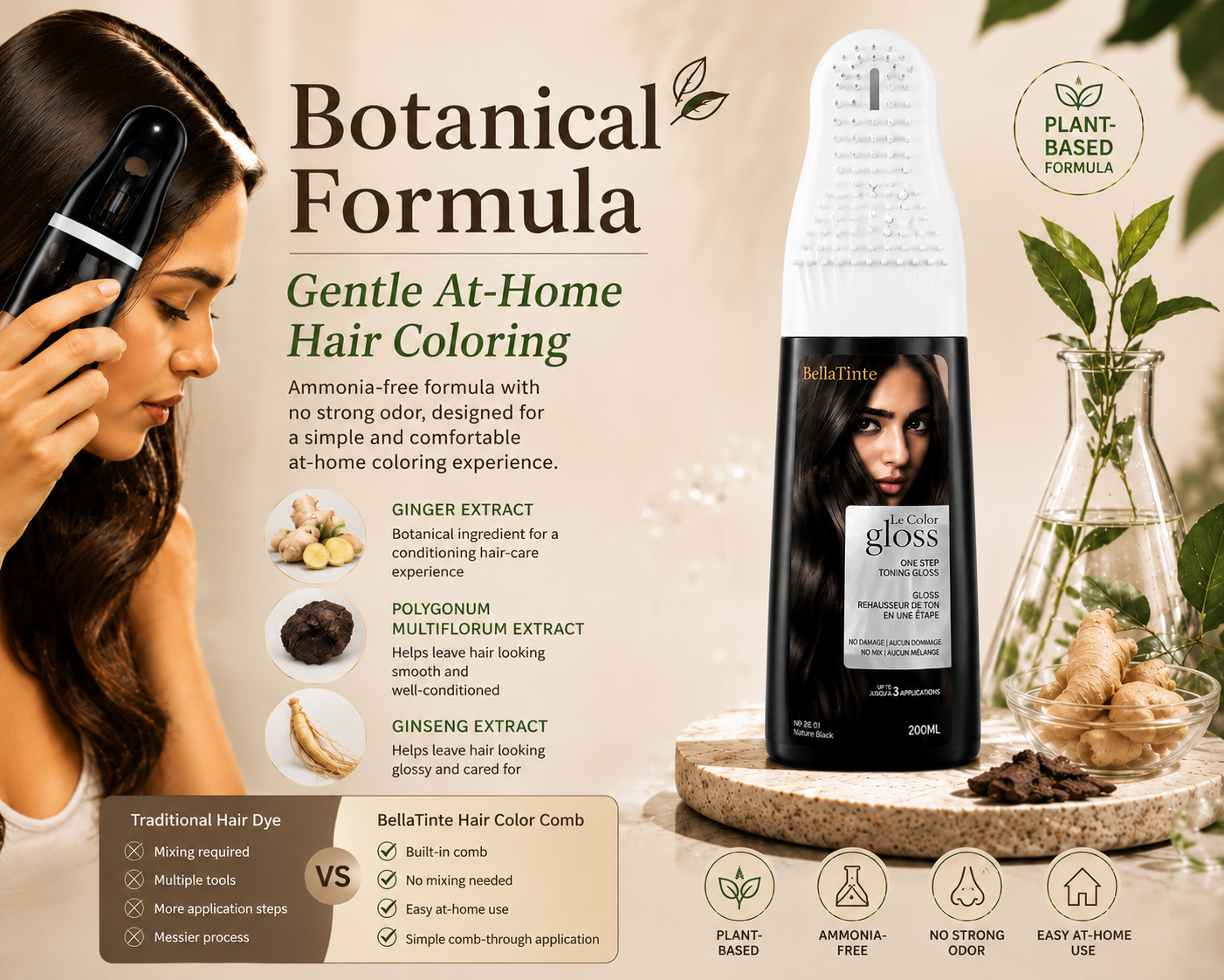 Hair Dye Cream Hair Dye Comb Hair Color Ammonia-Free Cream with Plant Extracts for Long-Lasting Color, No Fading, Plant Extracts, No Damage to Hair, Chestnut Brown, Natural Black, Highlights, Gentle Hair Care Hairdye
